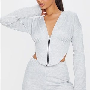Plt: GREY MARL ZIP FRONT CORSET DETAIL LONG SLEEVE SWEAT TOP